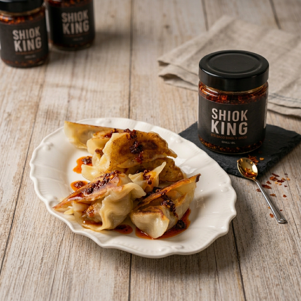 Shiok King Chilli Oil with pan-fried dumplings